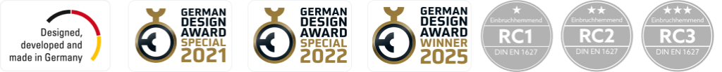 Designprämierte, einbruchhemmende Haustür – German Design Award Gewinner 2021 bis 2025 und RC1-RC3 Sicherheitszertifizierung nach DIN EN 1627